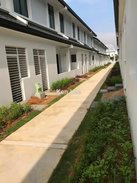 Exterior type: linked terrace house; features: white painted facade, single-storey, concrete pathway, manicured lawn, landscaped garden beds, windows with grilles, flat roof, surrounded by greenery; style: modern.