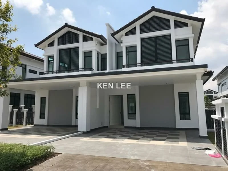 Exterior type: semi-detached house; features: white painted facade, grey accent wall, pitched tile roof, double-storey, manicured lawn, paved driveway, covered car porch, recessed balconies, large windows with horizontal slats, modern architectural design; style: modern.