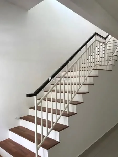 Room features: wooden staircase with white railing, light-colored wall, neutral tile flooring, natural light from upper level, open space design; style: modern.