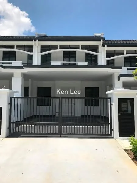 Exterior type: linked terrace house; features: white painted facade, black metal gate, covered porch, two-storey structure, balconies on upper level, sliding glass doors, concrete driveway, manicured landscaping; style: modern.