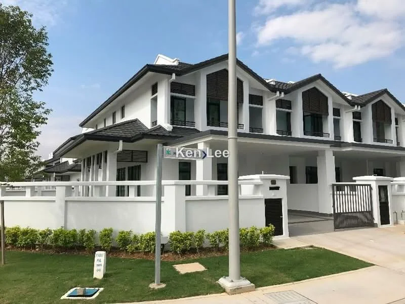 Exterior type: semi-detached house; features: white painted facade, pitched tile roof, two-storey structure, horizontal wooden slats on windows, manicured lawn, paved walkway, fenced perimeter, gated entry, street lamp, surrounded by greenery; style: modern.