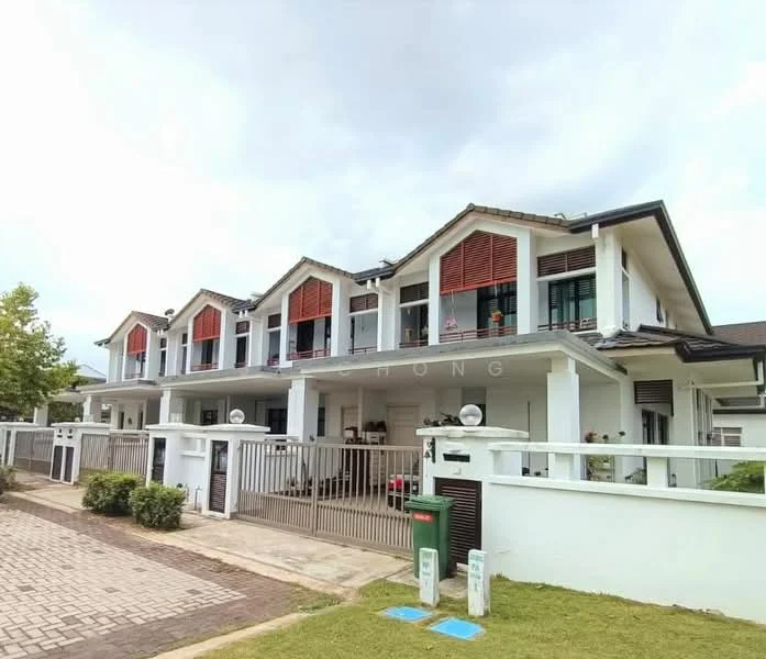 Exterior type: linked terrace house; features: white painted facade, pitched tile roof, red window shutters, front porch area, manicured lawn, paved walkway, multiple storeys, balconies on upper level, fenced perimeter, outdoor lighting fixtures; style: modern.