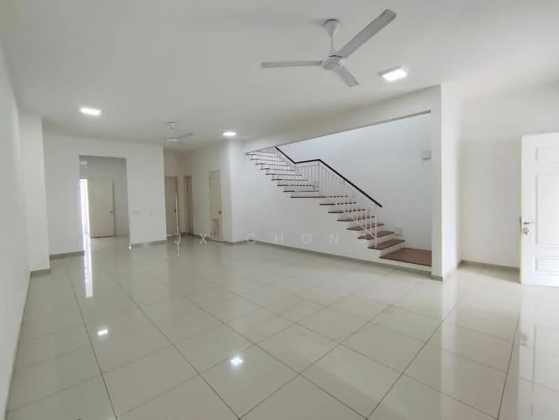 Living features: white painted walls, glossy ceramic tile flooring, 5-blade ceiling fan with light, recessed LED downlights, large windows, open layout, staircase with wooden steps, doorway leading to other rooms; style: modern.