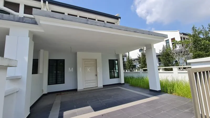Exterior type: detached bungalow; features: flat roof, white painted facade, grey tiled flooring, covered porch area, large windows, manicured lawn, surrounded by greenery; style: modern.