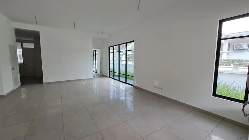 Room features: white painted walls, polished tile flooring, floor-to-ceiling windows, sliding glass door, recessed downlights, air conditioning unit, open layout, natural light from windows; style: modern; view: garden.