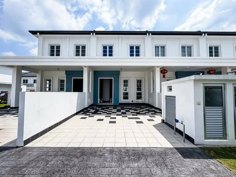 Exterior type: linked terrace house; features: white painted facade, blue accent wall, checkerboard paving, covered car porch, front porch area, multiple windows, visible security gate, lanterns for decoration; style: modern.