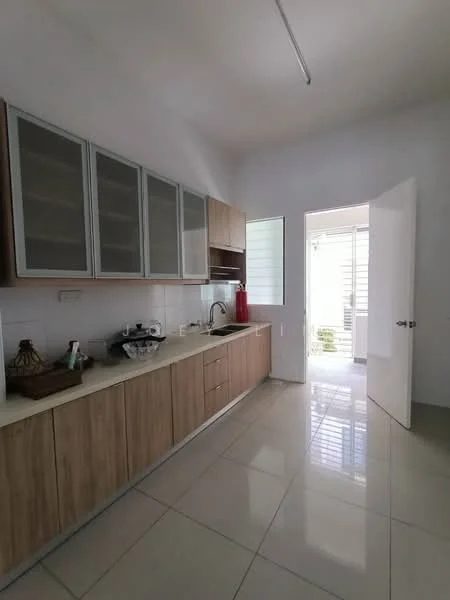 Kitchen features: light wood cabinetry, white countertop, stainless-steel sink, chrome faucet, glass-front upper cabinets, built-in oven, ceramic tile flooring, recessed lighting, window with natural light, door leading to outdoor area; style: modern.