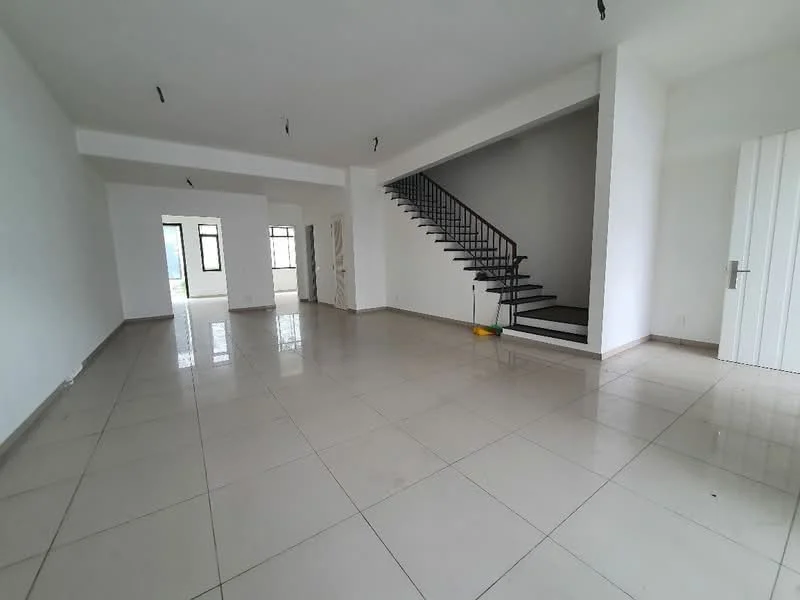 Living features: white painted walls, polished ceramic tile flooring, recessed downlights, staircase with metal railing, large windows, open layout, neutral color scheme, high ceiling; style: modern. Room features: white painted walls, polished ceramic tile flooring, large windows, open layout.