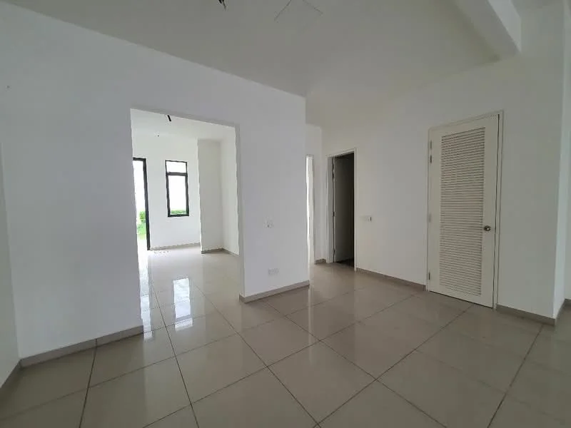 Room features: white painted walls, glossy ceramic tile flooring, recessed ceiling, doorway leading to another room, doorway leading to hallway, large windows, natural light, neutral color scheme; style: modern; view: garden.