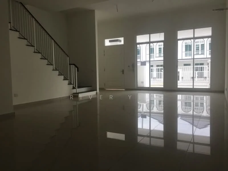 Living features: white painted walls, glossy ceramic tile flooring, large windows with grid pattern, double-door main entrance, staircase with metal railing, high ceiling, natural light from windows, open layout; style: modern.