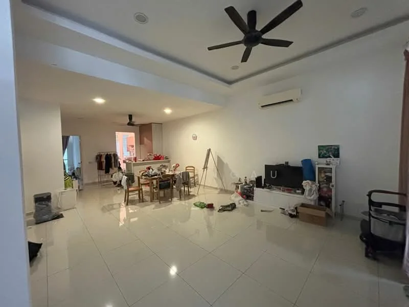 Living features: white painted walls, polished ceramic tile flooring, 5-blade ceiling fan, recessed downlights, wall-mounted TV, TV console, dining table with chairs, air conditioning unit, open layout to kitchen, decorative items scattered, natural light from windows, neutral color scheme; style: modern.