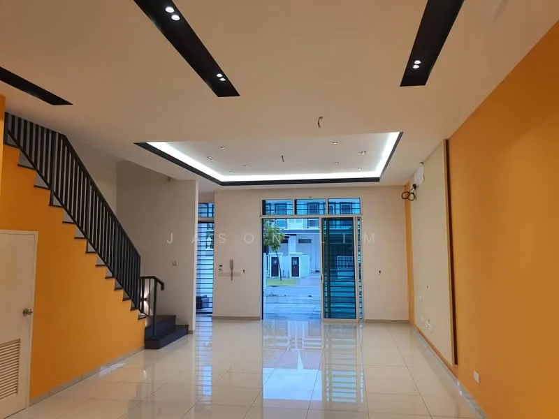 Living features: white painted walls, orange accent wall, polished ceramic tile flooring, tray ceiling with recessed lighting, large floor-to-ceiling windows, sliding glass door, staircase with black railing, air conditioning unit, LED strip lighting; style: modern; view: garden.