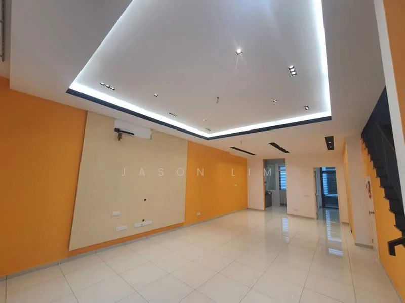 Room features: orange painted walls, white ceiling with recessed lighting, LED strip lighting, white tiled flooring, air conditioning unit, wall-mounted features, staircase visible in background, open layout; style: modern.