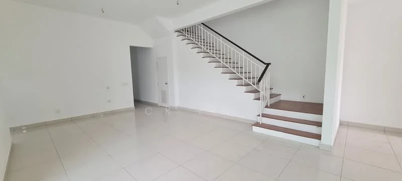 Room features: white painted walls, glossy ceramic tile flooring, staircase with wooden steps and white railing, high ceiling, no visible furniture, neutral color scheme, large open space, natural light from windows; style: modern.