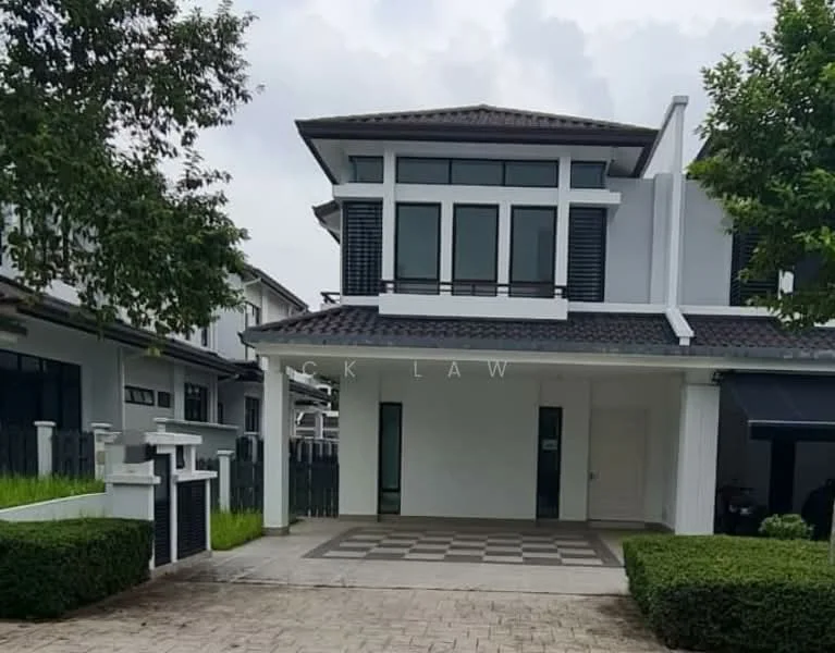 Exterior type: detached bungalow; features: white painted facade, flat roof, 2-storey structure, large windows with black shutters, paved driveway, manicured lawn, hedge landscaping, covered porch, grey tiled entrance, surrounded by greenery; style: modern.