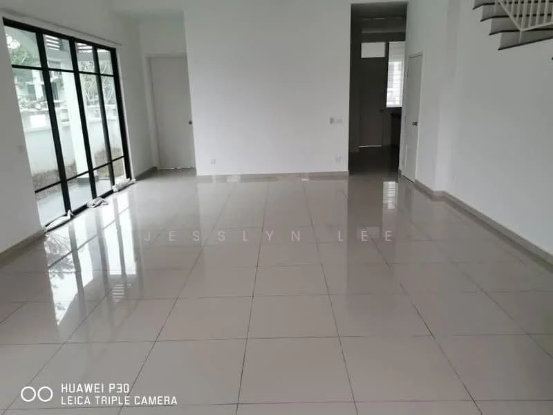 Living features: white painted walls, glossy ceramic tile flooring, floor-to-ceiling windows, sliding glass door, natural light, open layout, staircase visible, neutral color scheme; style: modern; view: garden.