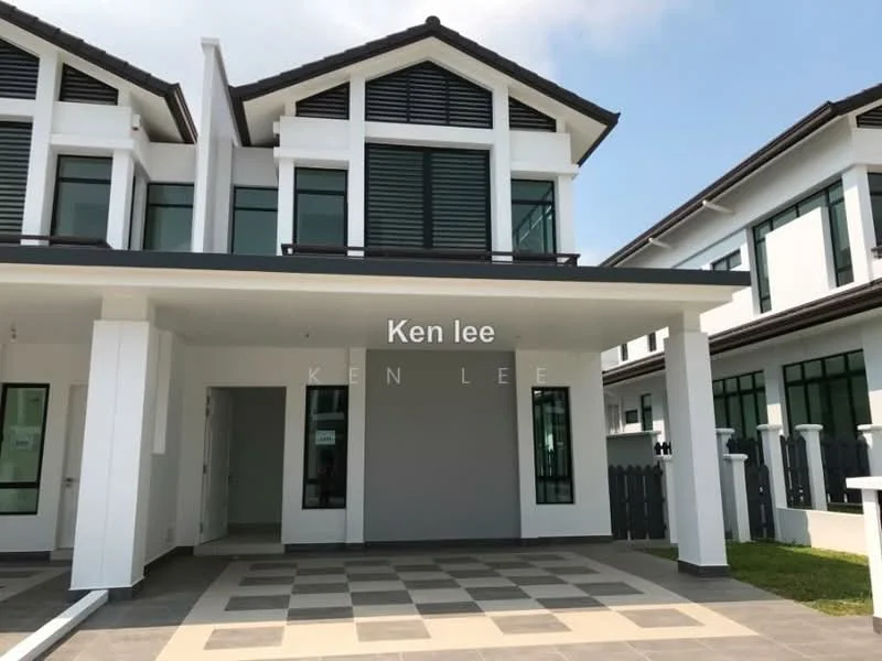 Exterior type: semi-detached house; features: white painted facade, grey accent wall, flat roof, 2-storey, manicured lawn, paved driveway, large windows, covered porch, modern architectural design; style: modern.