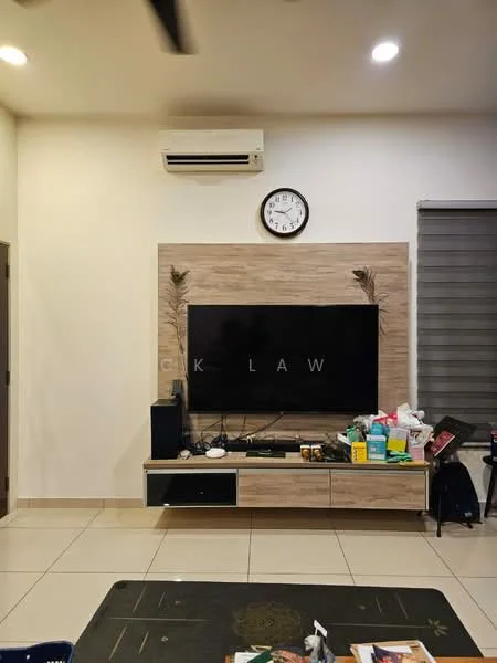 Living features: wall-mounted TV, light wooden TV console, decorative wall paneling, cream painted walls, tile flooring, 1 wall-mounted split AC, clock on wall, window with blinds, decorative plants, coffee table, various items on console; style: modern.