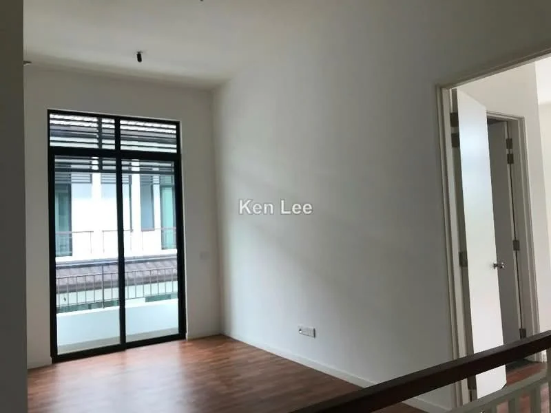 Room features: white painted walls, laminate flooring, floor-to-ceiling windows, black metal window frames, doorway leading to another room, natural light from windows, balcony access, minimalist decor; style: modern.