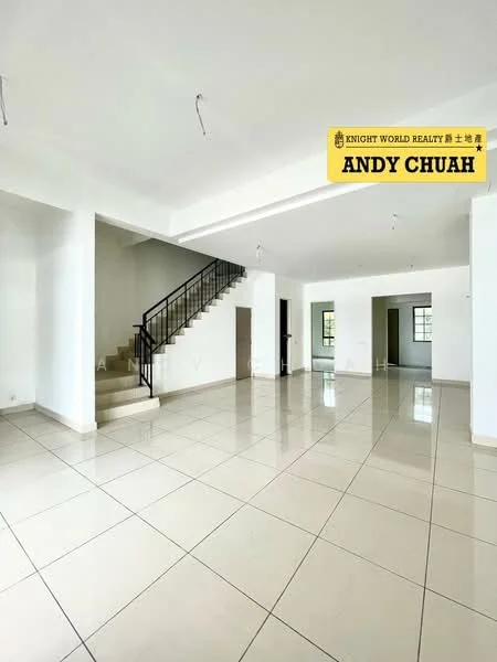 Room features: white painted walls, polished ceramic tile flooring, staircase with metal railing, large windows, high ceiling, recessed lighting, open layout, neutral color scheme; style: modern.