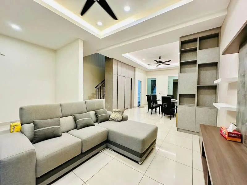 Living features: L-shape sectional sofa in grey, coffee table, wall-mounted TV unit, built-in shelving unit, white painted walls, recessed downlights, ceiling fan, tile flooring, open layout to dining area; style: modern.