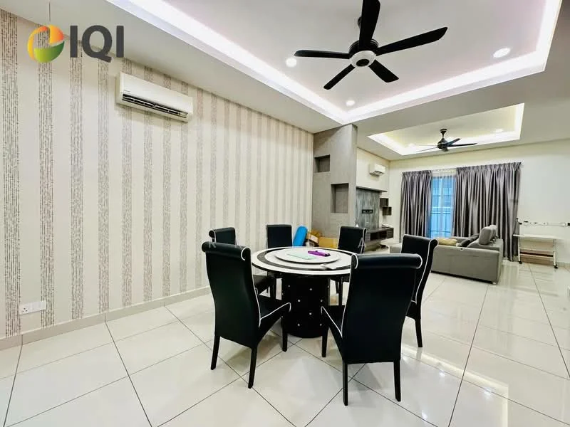 Dining features: round dining table, black upholstered dining chairs, 5-blade ceiling fan with light, white tiled flooring, wall-mounted split AC, decorative feature wall with patterned wallpaper, large window with sheer curtains, recessed lighting, open layout to living area; style: modern. Living features: sofa in light grey fabric, coffee table, TV console, wall-mounted TV, large window with sheer curtains, recessed lighting, open layout to dining area; style: modern.