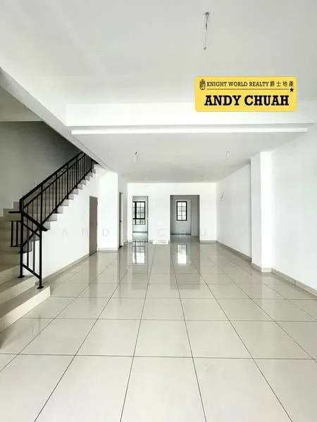 Room features: white painted walls, polished ceramic tile flooring, staircase with metal railing, high ceiling, recessed lighting, large windows, open layout, neutral color scheme; style: modern.