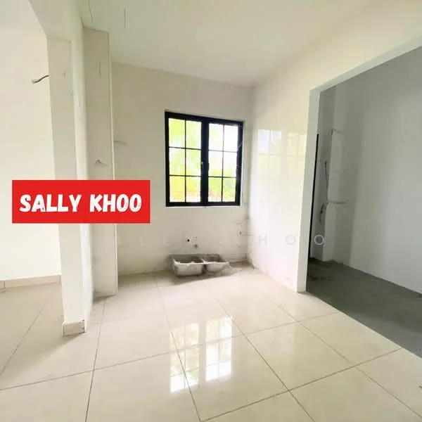 Room features: white painted walls, glossy tile flooring, large window with black frame, two-bowl sink, unfinished wall with plumbing visible.