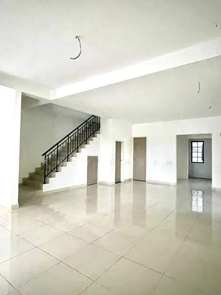 Living features: white painted walls, polished ceramic tile flooring, staircase with metal railing, recessed ceiling, large windows, doorway to adjacent rooms, open layout, no visible furniture; style: modern.