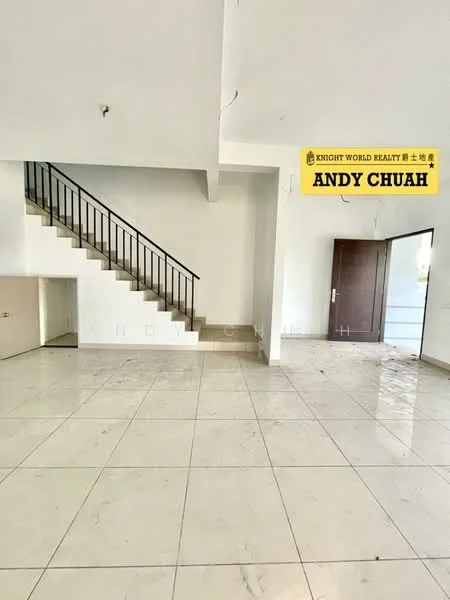 Room features: white painted walls, marble tile flooring, staircase with metal railing, large windows, double-door main entrance, open layout, high ceiling, natural light; style: modern.