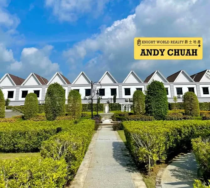 Exterior type: linked terrace house; features: white painted facade, pitched tile roof, manicured lawn, mature trees, stone-paved walkway, landscaped garden, recessed balconies, gated entry; style: modern.