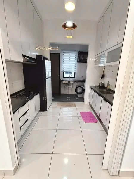 Kitchen features: white cabinetry with flat-panel doors, black granite countertop, stainless-steel sink, chrome pull-down faucet, built-in oven, freestanding washing machine, ceramic tile flooring, recessed downlights, window with blinds, kitchen rug in pink, wall-mounted cabinets, open shelving; style: modern.