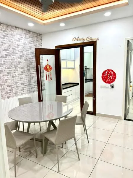 Dining features: round dining table, grey marble tabletop, 4 upholstered dining chairs, white painted walls, grey brick accent wall, recessed LED downlights, wooden ceiling with decorative panels, sliding glass door, black countertop, kitchen cabinetry visible in background, decorative wall hanging, red wall decoration; style: modern.