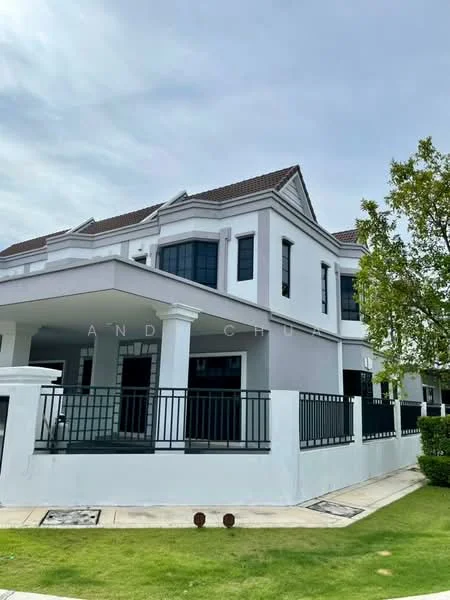 Exterior type: detached bungalow; features: white painted facade, grey accent wall, pitched tile roof, double-storey, manicured lawn, landscaped garden, balcony with railing, large windows, front porch, driveway, fence surrounding property; style: modern.
