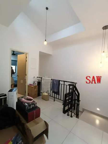 Room features: white painted walls, high ceiling, hanging pendant lights, ceramic tile flooring, staircase with black railing, open space layout, clothes drying rack, storage boxes, air purifier, ceiling fan; style: modern.