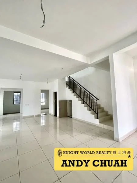 Room features: white painted walls, white ceiling, tile flooring, staircase with black railing, large windows, open layout, no visible furniture, light fixtures hanging from ceiling; style: modern.