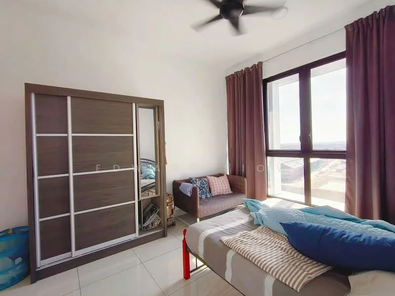 Bedroom features: queen-size bed with colorful pillows, brown wooden wardrobe with sliding doors, sofa with cushions, floor-to-ceiling windows, curtains in dark brown, white painted walls, glossy tile flooring, ceiling fan; style: modern; view: city.