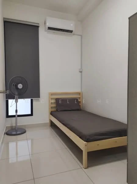 Bedroom features: single bed with wooden frame, grey bedding, white painted walls, tile flooring, window with black roller blinds, floor-to-ceiling window, wall-mounted split AC, standing fan; style: minimalist.