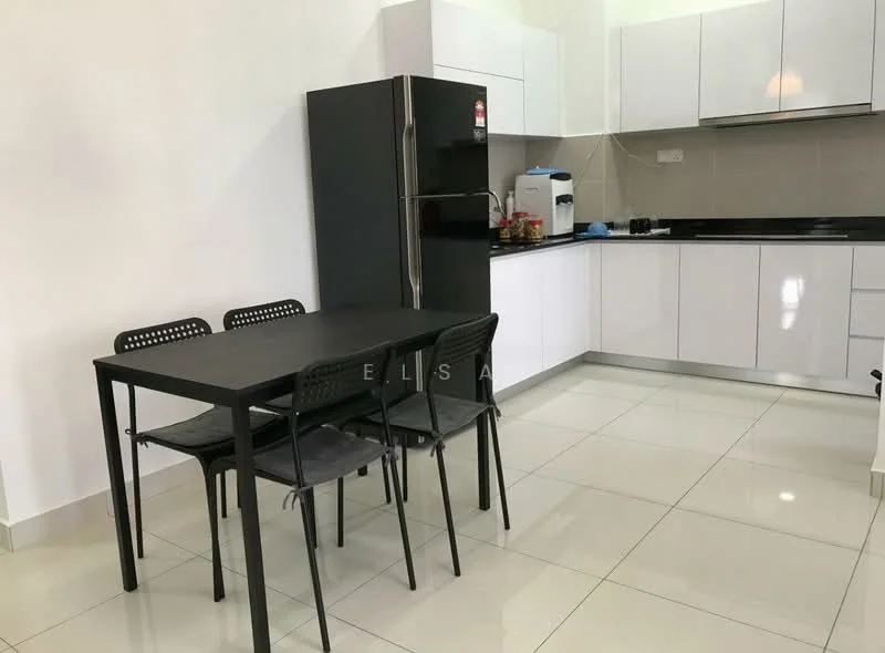 Kitchen features: black refrigerator, white cabinetry, black countertop, stainless-steel sink, chrome pull-down faucet, ceramic tile flooring, recessed downlights, 4-seater dining table, black dining chairs, built-in microwave, kettle; style: modern.
