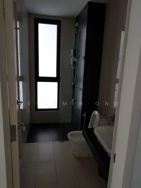 Bathroom features: white ceramic toilet, single-sink vanity with dark cabinet, chrome basin mixer faucet, framed mirror, walk-in shower with glass enclosure, rain shower head, grey tile flooring, white tiled walls, window for natural light; style: modern.