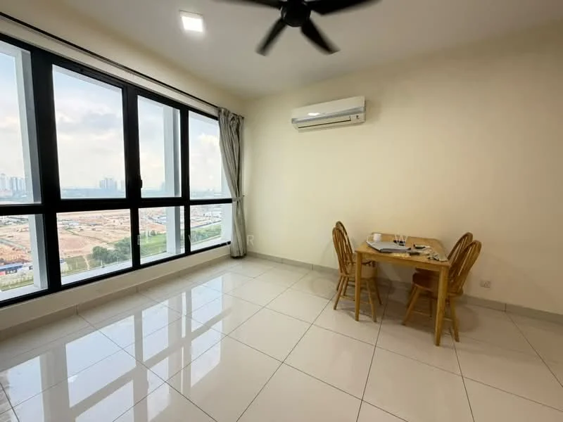 Dining features: floor-to-ceiling windows, city view, white painted walls, white ceiling, 5-blade ceiling fan, split air conditioning unit, rectangular dining table, 2 wooden dining chairs, glossy tile flooring, curtains, light fixture; style: modern; view: city.