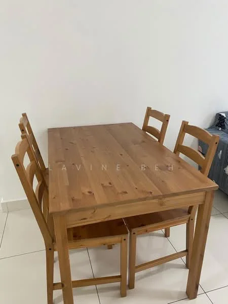 Dining features: wooden dining table, 4 wooden chairs, light wood finish, square table shape, white walls, glossy tile flooring; style: minimalist.