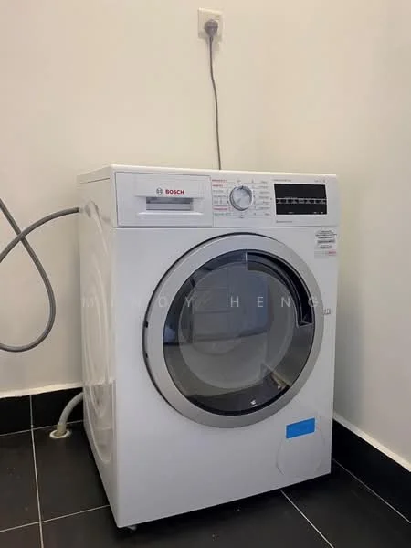 Laundry features: front-load washing machine, white appliance, control panel with dials, visible power outlet, black tiled flooring, plain white walls.