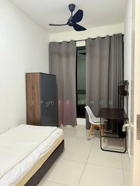 Bedroom features: single bed, wooden bed frame, grey bedding, built-in wardrobe with sliding doors, white walls, grey curtains, floor-to-ceiling window, white tiled flooring, ceiling fan with light, study desk, white chair; style: modern.
