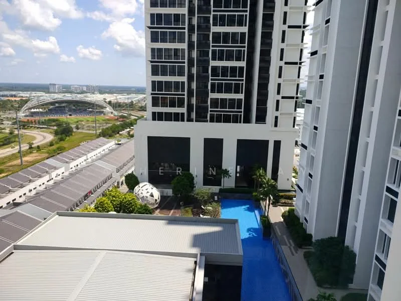 Exterior type: high-rise condominium; features: glass curtain wall, projecting balconies, infinity pool, pool deck with loungers, manicured landscaping, surrounded by greenery, view of nearby sports complex, modern architectural design; style: modern.