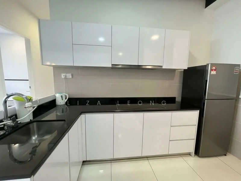 Kitchen features: white flat-panel cabinets, black granite countertop, stainless-steel fridge, single-bowl stainless-steel sink, chrome pull-down faucet, ceramic tile flooring, white tiled backsplash, built-in oven, recessed downlights; style: modern.