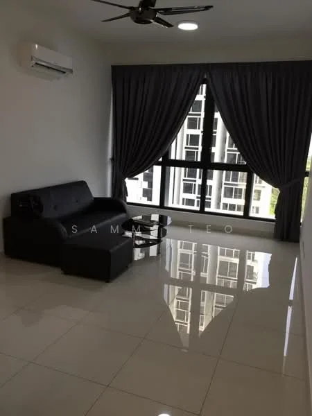 Living features: black leather sofa, glass coffee table, wall-mounted split AC, large floor-to-ceiling windows, grey curtains, glossy tile flooring, recessed ceiling lights, ceiling fan; style: modern; view: city.