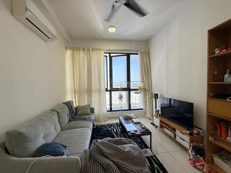 Living features: grey fabric 3-seater sofa, black and white area rug, wooden coffee table, wall-mounted TV, TV console, floor-to-ceiling windows, sheer curtains, 1 wall-mounted split AC, ceiling fan, decorative items on shelves; style: modern; view: city.