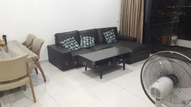 Living features: black leather sofa, decorative cushions in geometric pattern, glass coffee table, white tiled flooring, floor-to-ceiling windows, curtains in beige, ceiling fan, wall-mounted TV, dining table with beige upholstered chairs; style: modern; view: city.