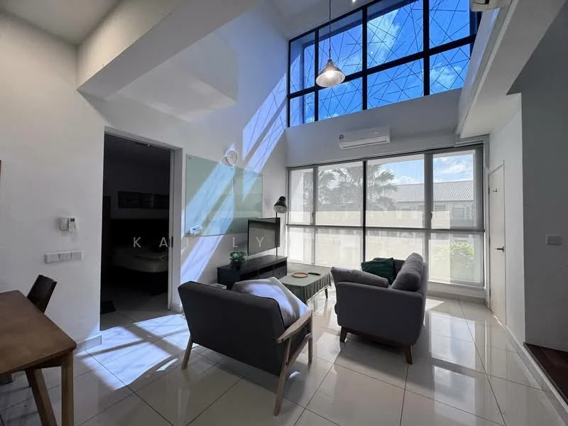 Living features: grey fabric 3-seater sofa, grey fabric 2-seater sofa, white walls, high ceiling, large floor-to-ceiling windows, natural light flooding in, white tile flooring, recessed downlights, pendant light fixture, air conditioning unit, TV console, decorative plant; style: modern; view: garden. Room features: open layout, doorway leading to another room.